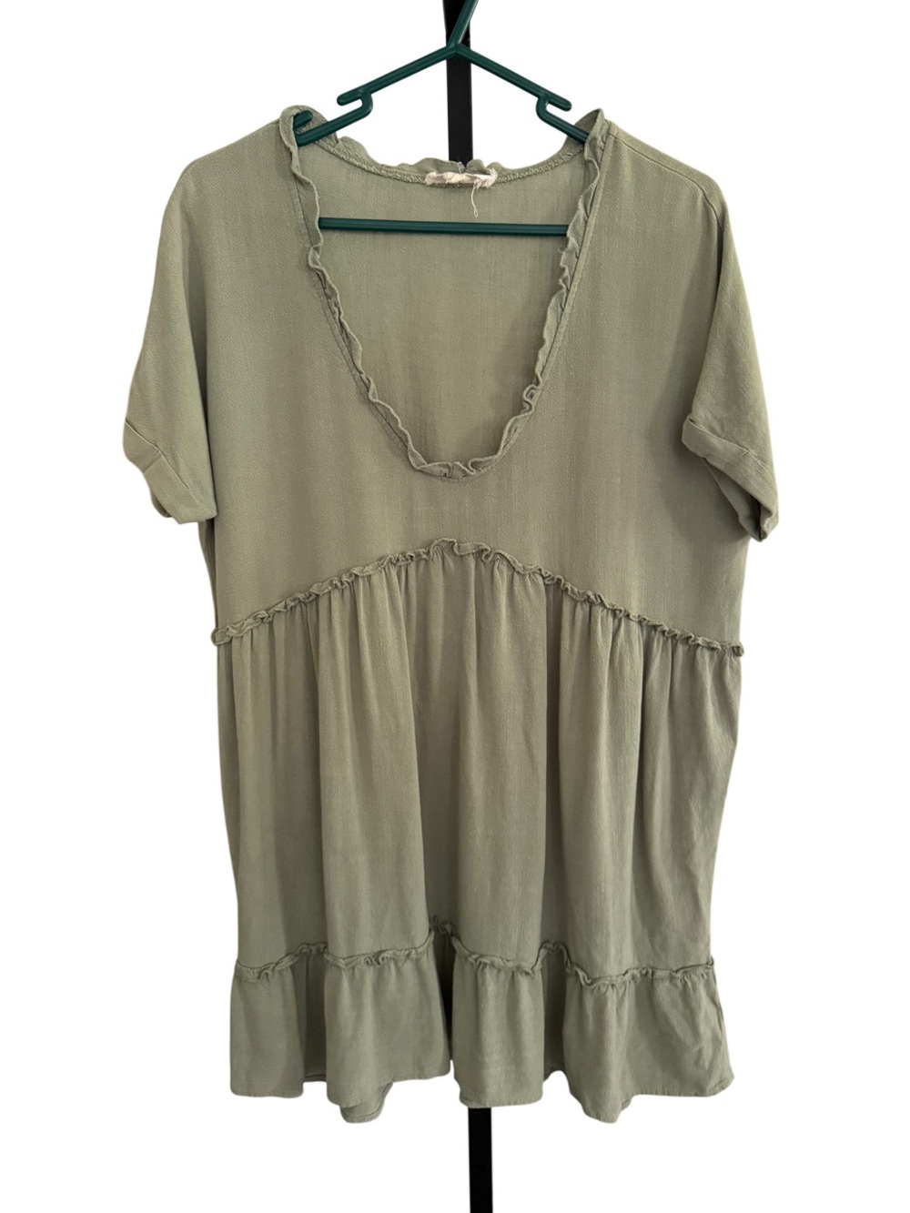 Y2K Forest Fairy Feminine Babydoll Linen Sage Green Ruffled V-Neck Tunic Dress S